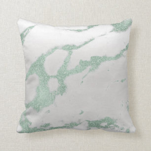 Mint Green White Silver Grey Metallic Marble Stone Throw Pillow