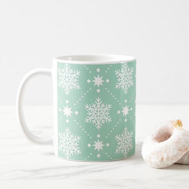 Mint Green White Snowflakes Christmas Pattern Coffee Mug (With Donut)