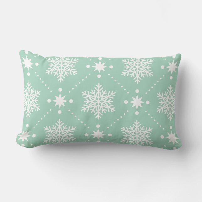 Mint Green White Snowflakes Christmas Pattern Lumbar Pillow (Front)
