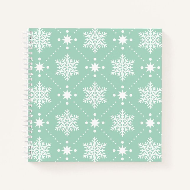 Mint Green White Snowflakes Christmas Pattern Notebook (Front)