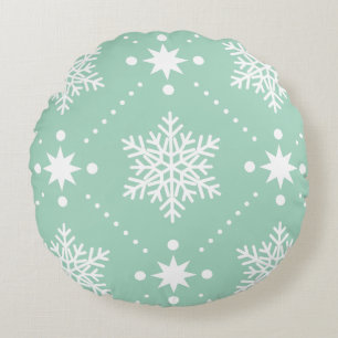 Mint Green White Snowflakes Christmas Pattern Round Pillow