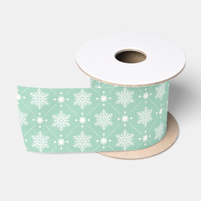 Mint Green White Snowflakes Christmas Pattern Satin Ribbon (Spool)
