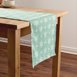 Mint Green White Snowflakes Christmas Pattern Short Table Runner