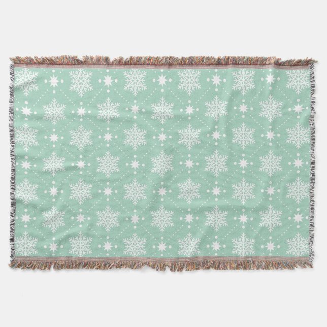 Mint Green White Snowflakes Christmas Pattern Throw Blanket (Front)
