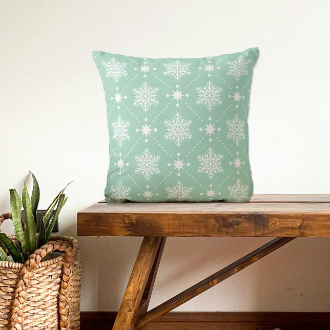 Mint Green White Snowflakes Christmas Pattern Throw Pillow (Creator Uploaded)
