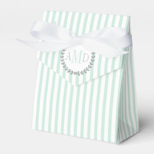 Mint green, white stripes monogram wedding favor box