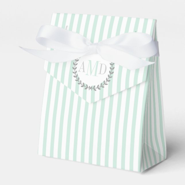 Mint green, white stripes monogram wedding favor box (Front Side)