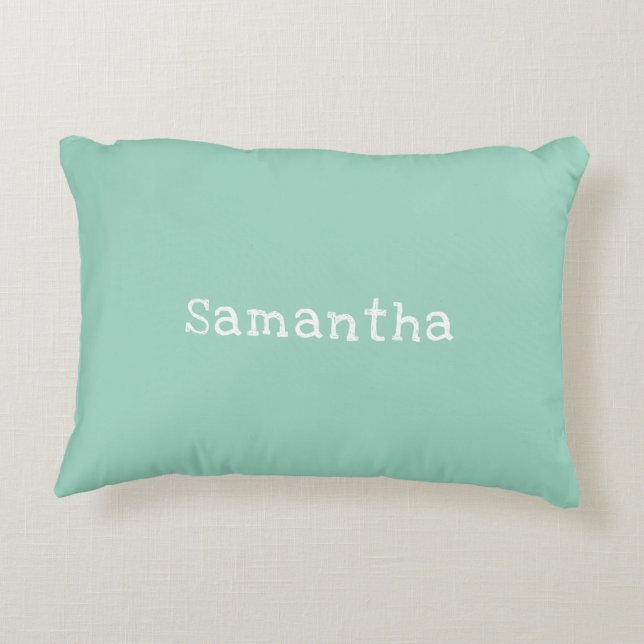 Mint Green White Stripes Name Accent Pillow (Back)