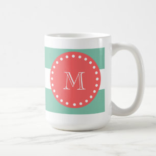 Mint Green White Stripes Pattern, Coral Monogram Coffee Mug