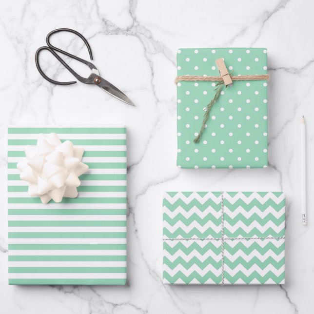 Mint Green & White Stripes Polka Dot Chevron  Wrapping Paper Sheet (Front)