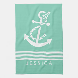 Mint-Green & White Stripes With Nautical Anchor Kitchen Towel