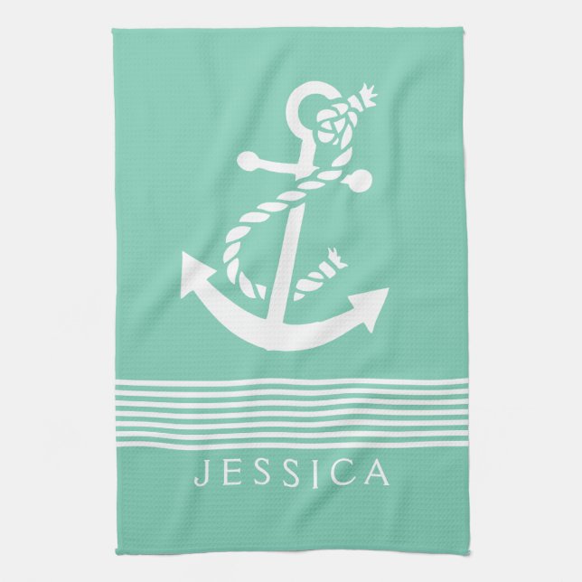 Mint-Green & White Stripes With Nautical Anchor Kitchen Towel (Vertical)