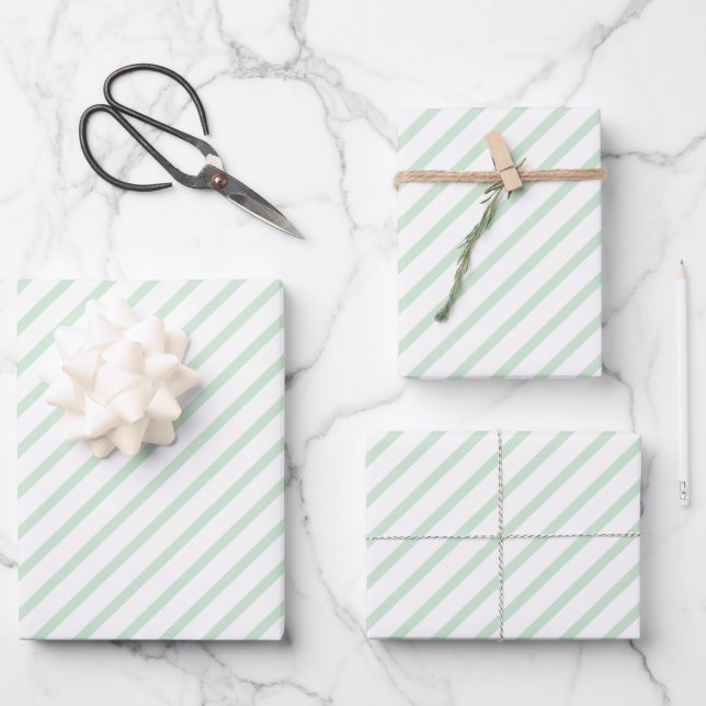 Mint Green White Stripes Wrapping Paper Sheets (Front)