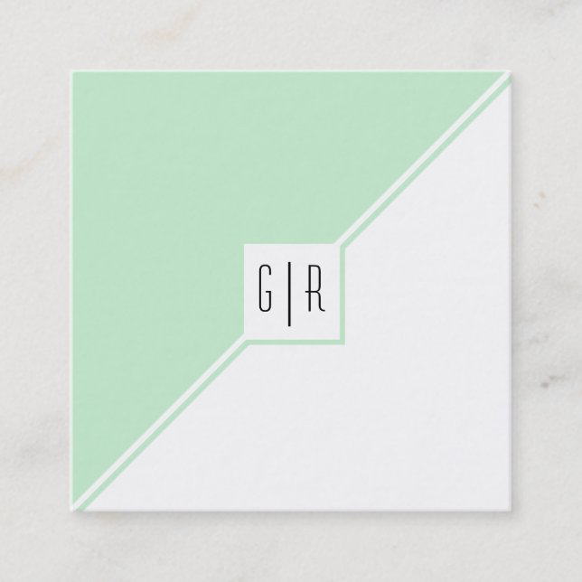 Mint green, white triangles and monogram modern square business card (Front)