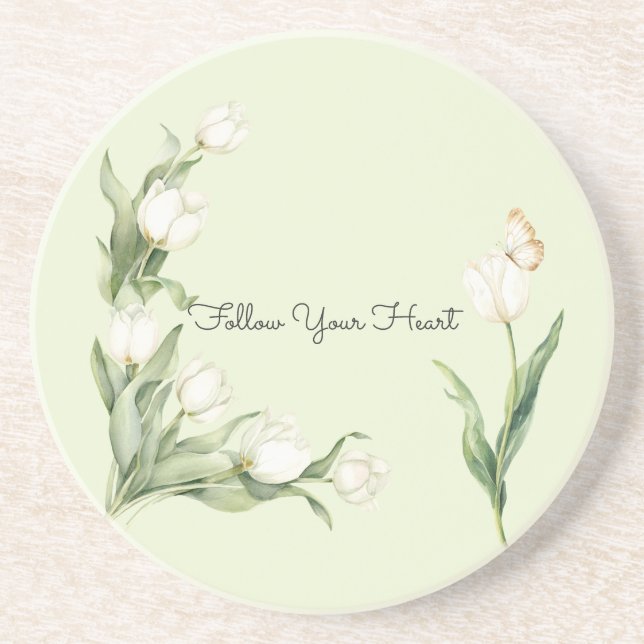 Mint Green White Tulips Butterfly   Coaster (Front)