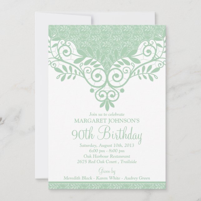 Mint Green White Vintage Lace 90th Birthday Invitation (Front)