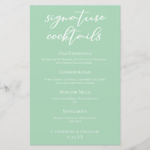 Mint Green White Wedding Signature Cocktails Menu