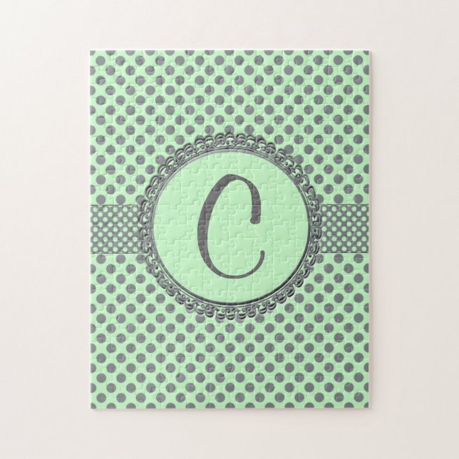 Mint Green with Grey Polka Dots-Monogram STaylor Jigsaw Puzzle (Vertical)