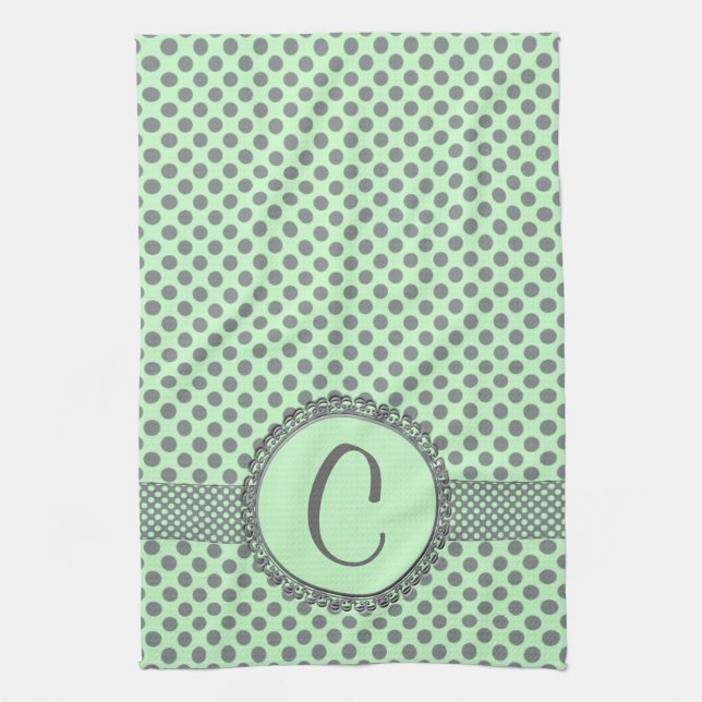 Mint Green with Grey Polka Dots-Monogram STaylor Kitchen Towel (Vertical)