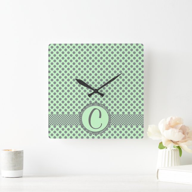 Mint Green with Grey Polka Dots-Monogram STaylor Square Wall Clock (Home)