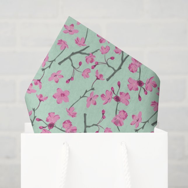 Mint Green with Pink Cherry Blossoms Patterned Tissue Paper (Gift Bag)