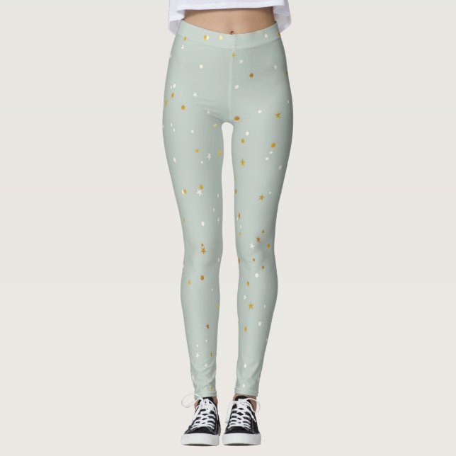 Mint-Green With White & Gold Sparkles Leggings (Front)