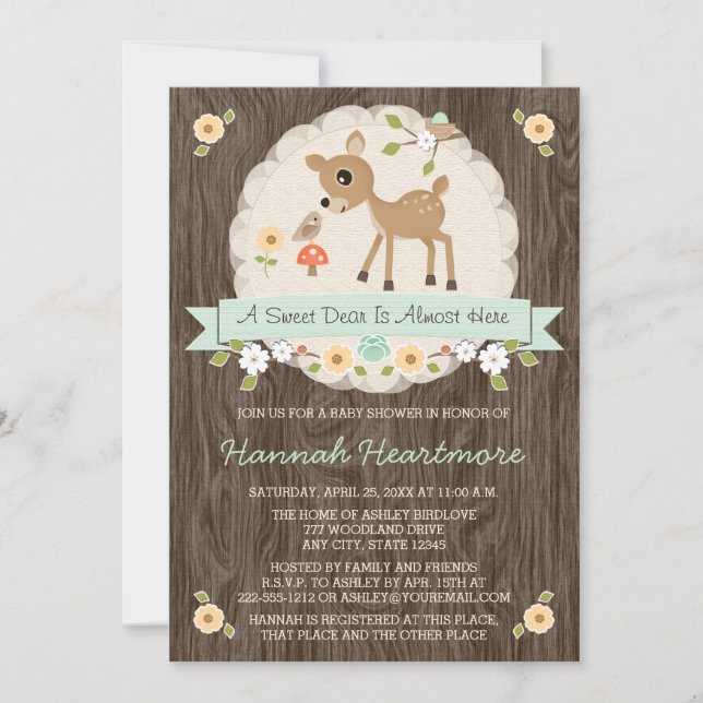 MINT GREEN WOODLAND DEER BABY SHOWER INVITATION (Front)