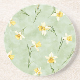 Mint Green Yellow Daffodil Flowers Coaster