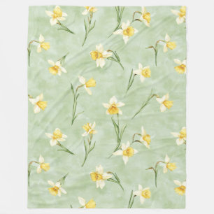 Mint Green Yellow Daffodil Flowers Fleece Blanket