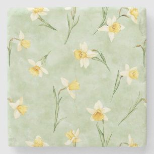 Mint Green Yellow Daffodil Flowers Stone Coaster