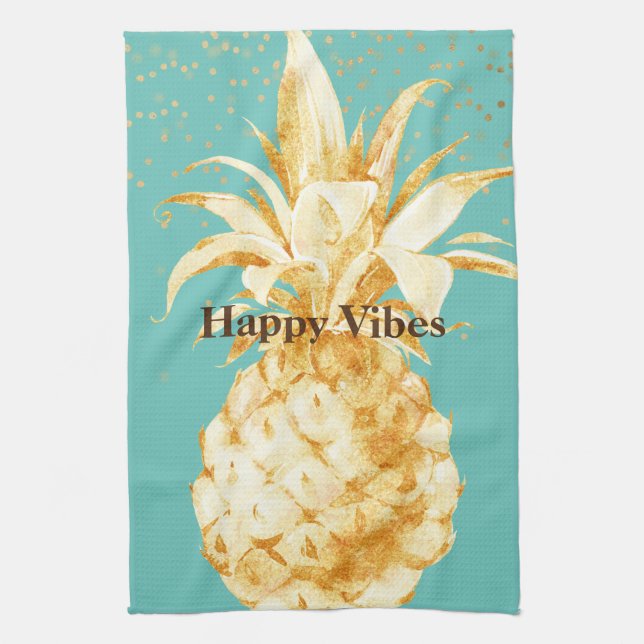 Mint Green Yellow Gold Pineapple Kitchen Towel (Vertical)