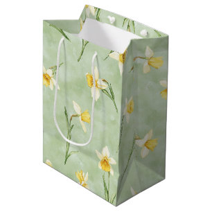 Mint Green Yellow White Daffodil Flowers Birthday Medium Gift Bag
