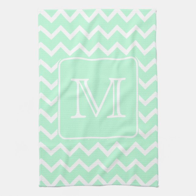 Mint Green Zigzag with Custom Monogram. Kitchen Towel (Vertical)
