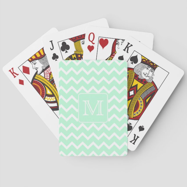 Mint Green Zigzag with Custom Monogram. Playing Cards (Back)