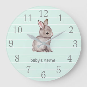 Mint Grey Bunny Nursery Decor Wall Clock
