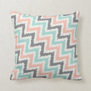 Mint Grey Coral Zigzag Ikat Pattern Throw Pillow