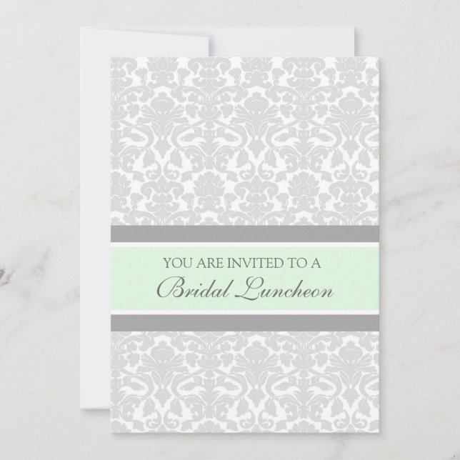 Mint Grey Damask Bridal Lunch Invitation Cards (Front)