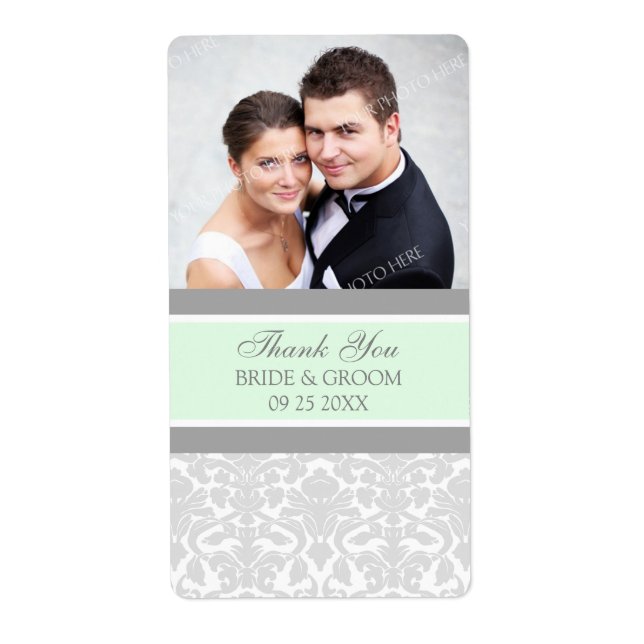 Mint Grey Damask Photo Wedding Labels (Front)