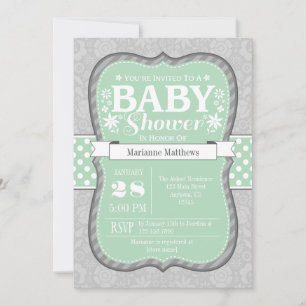 Mint Grey Floral Flower Baby Shower Invitation