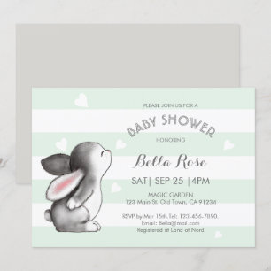 Mint Grey Heart Bunny Baby Shower Invitations