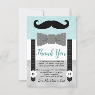 Mint grey little man moustache boy baby shower thank you card