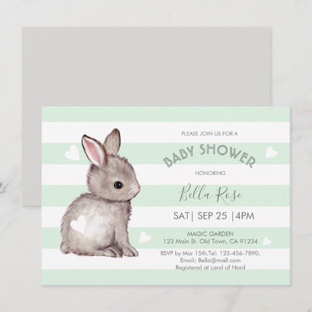 Mint Grey Stripes Bunny Heart Baby Shower Invite (Front/Back)