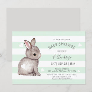 Mint Grey Stripes Bunny Heart Baby Shower Invite