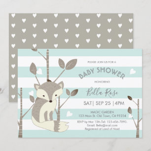Mint Grey Stripes Fox Heart Baby Shower Invitation
