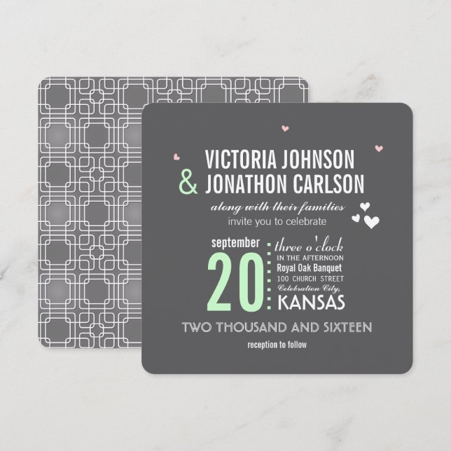Mint Grey Trendy Geometric Typography Wedding Invitation (Front/Back)