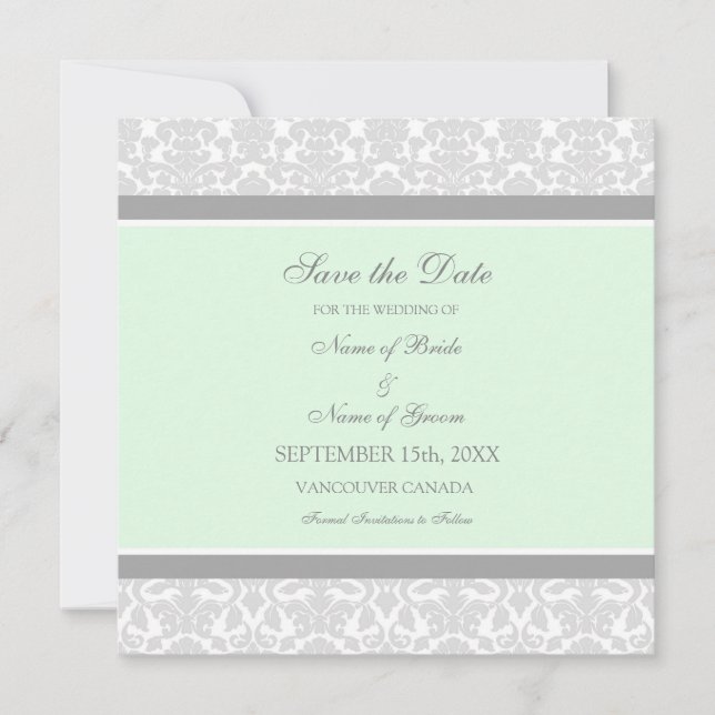 Mint Grey Wedding Save the Date Card (Front)
