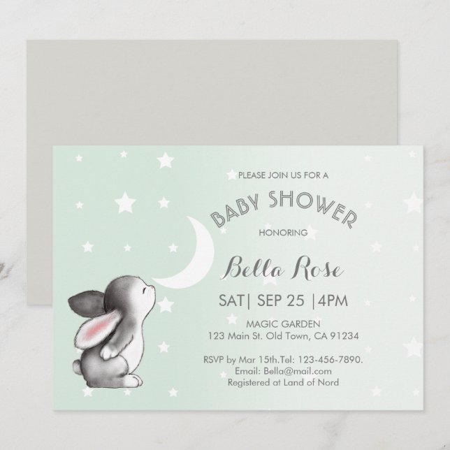 Mint Gris Lune Stars Bunny Baby Douche Invitations (Devant / Derrière)