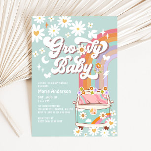 Mint Groovy Daisy Rainbow Hippie 70's Baby Shower Invitation