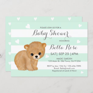 Mint Heart Bear Baby Shower Invitations
