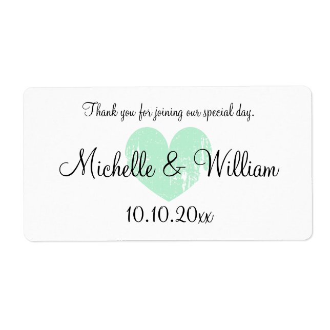 Mint heart favour wedding water bottle labels (Front)